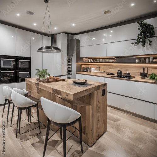 Modern Kitchen Interior with Kitchen Appliances and Dining Table