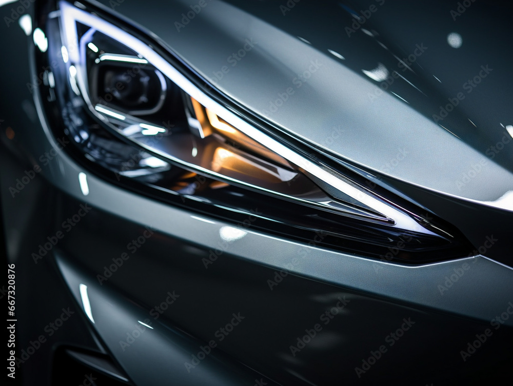 Close-up of sleek headlights on a modern car, creating a stylish and contemporary look.