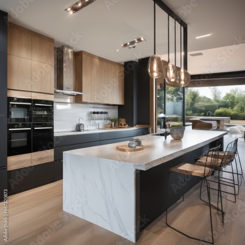 Modern Kitchen Interior with Kitchen Appliances and Dining Table