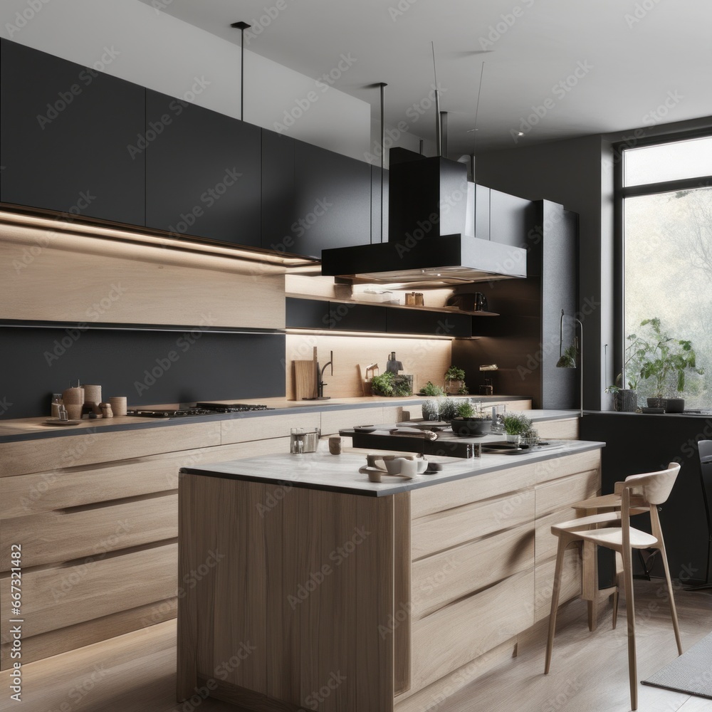 Fototapeta premium Modern Kitchen Interior with Kitchen Appliances and Dining Table