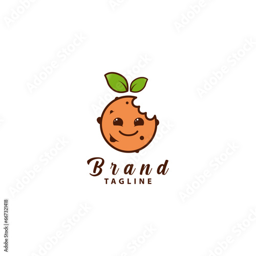 Cute Cookie with a smile and leaf , fruit cookie Logo Design Symbol Template Flat Style Vector Illustration