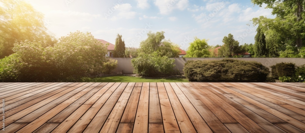 Freshly constructed backyard wooden deck