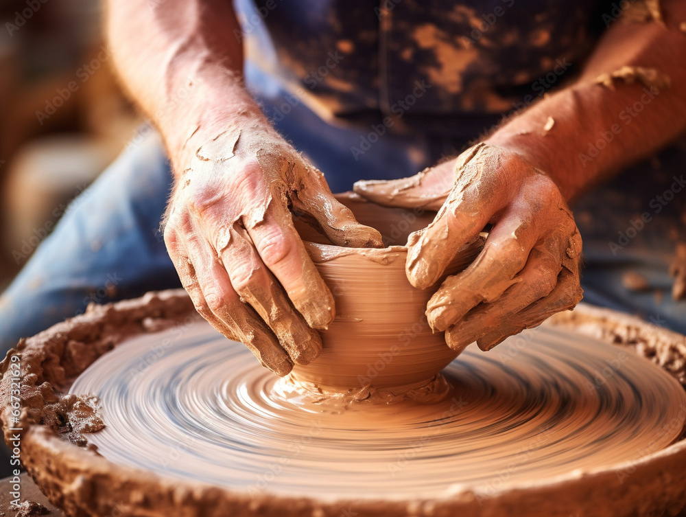 An artist's hands gently mold a clay bowl on a pottery wheel in close-up detail.
