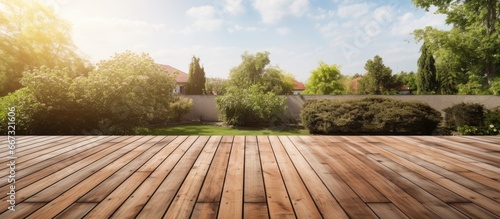 Freshly constructed backyard wooden deck photo