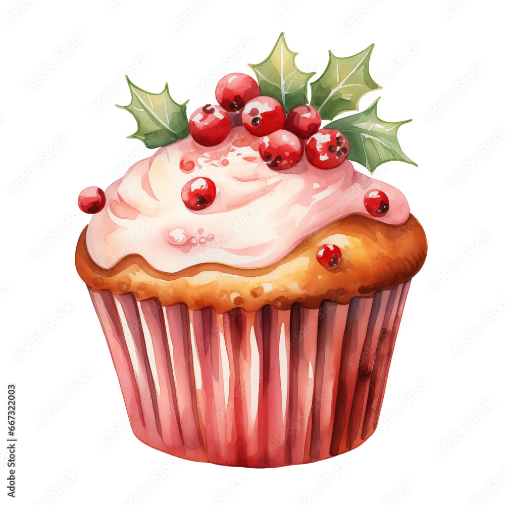 Watercolor Christmas muffin with red frosting and Christmas decoration, clipart with transparency available. Watercolor Christmas muffin with red frosting and Christmas decoration, clipart with transparency available.