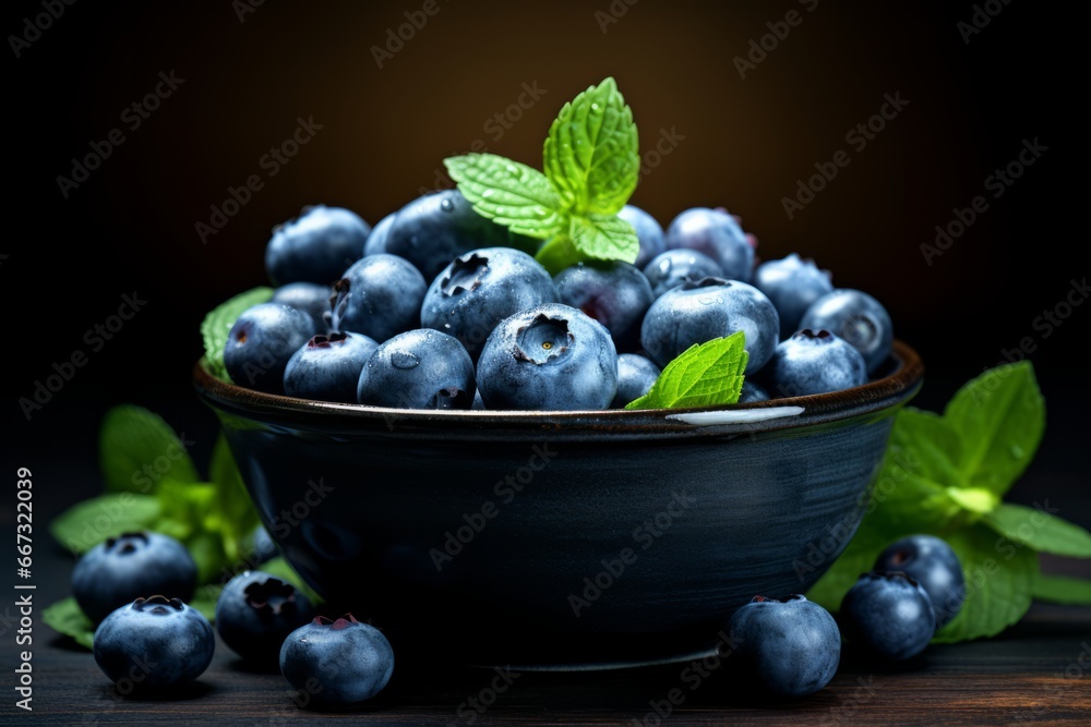 Black bowl of blueberries with mint leaf Black bowl of blueberries with mint leaf