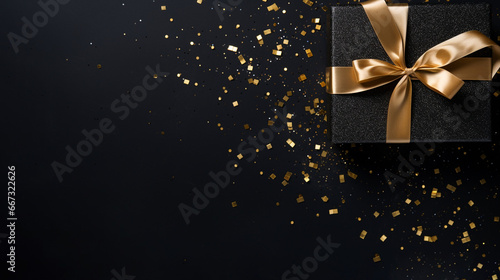 Black and Gold Gift box for the Black Friday sale background top view with gold ribbon and copy space