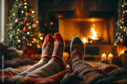 Two people’s feet, clad in colorful socks, warming by a fireplace near a decorated Christmas tree which captures a cozy and festive atmosphere.
