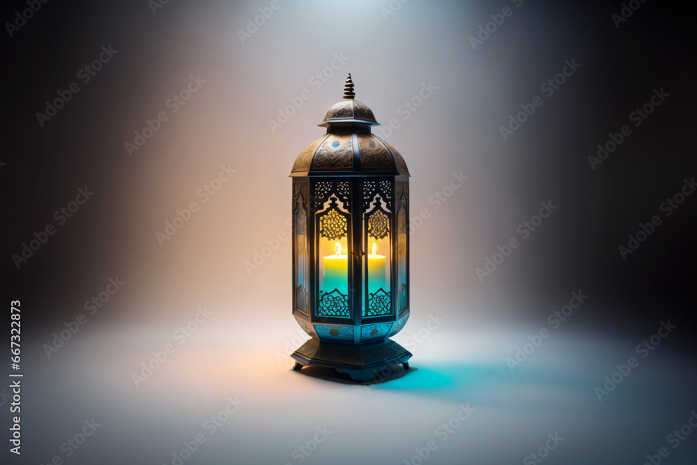 Naklejka premium An ornamental Arabic lantern with colorful glass glowing on a studio background, a greeting for Ramadan and Eid.