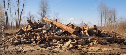 Decayed firewood in deserted Mashevo village post apocalyptic spring in Chernobyl exclusion zone Ukraine