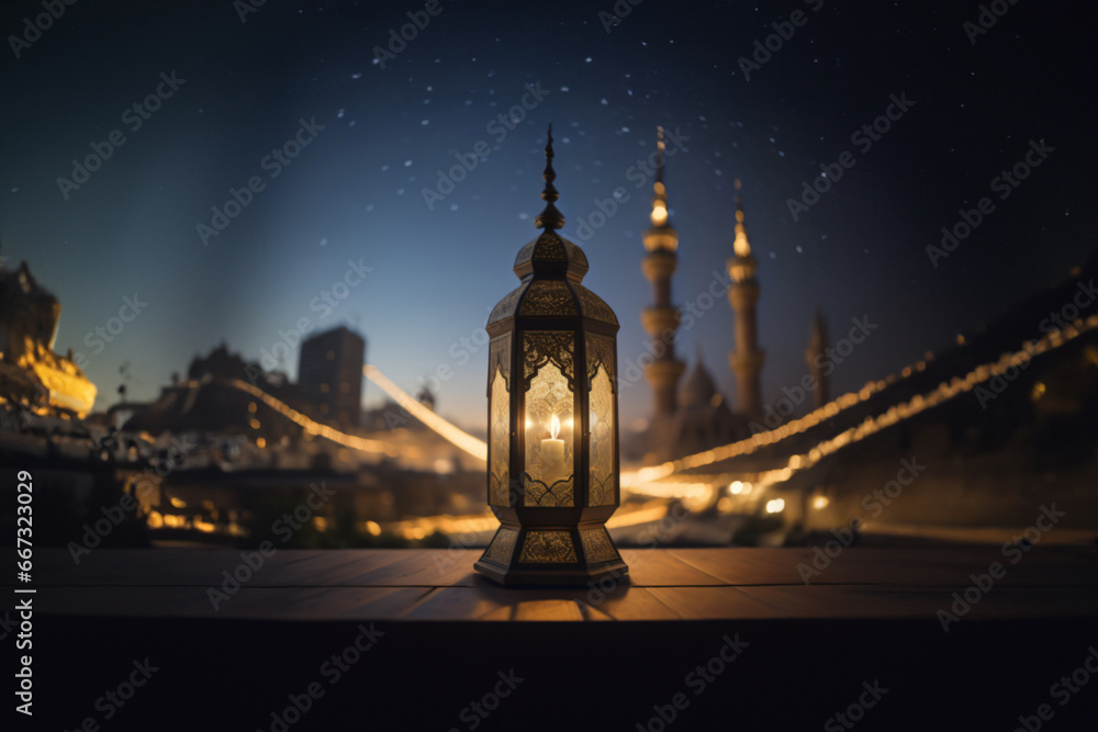 Obraz premium An ornamental Arabic lantern with colorful glass glowing. The blurred city showing in the background. A greeting for Ramadan and Eid.