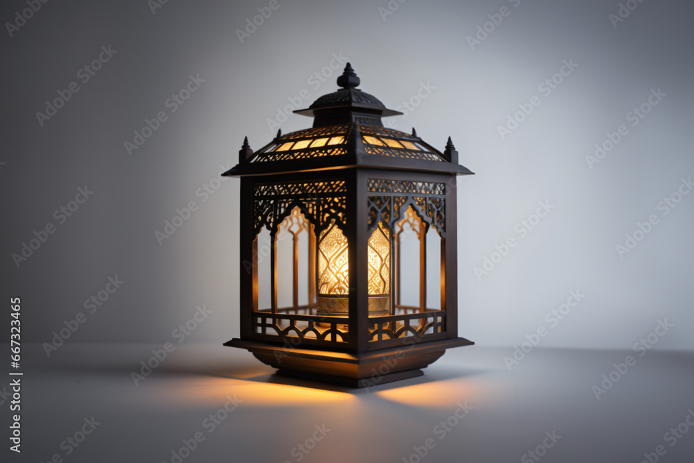 An ornamental Arabic lantern with colorful glass glowing on a studio background, a greeting for Ramadan and Eid.