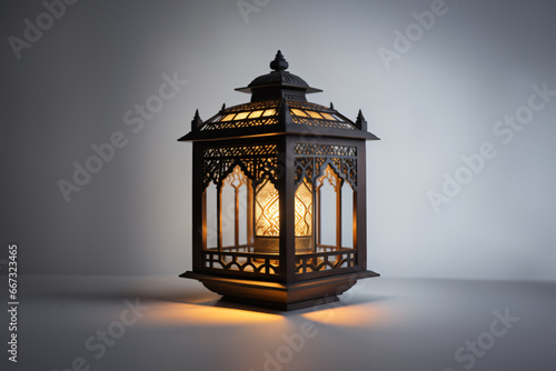 An ornamental Arabic lantern with colorful glass glowing on a studio background  a greeting for Ramadan and Eid.