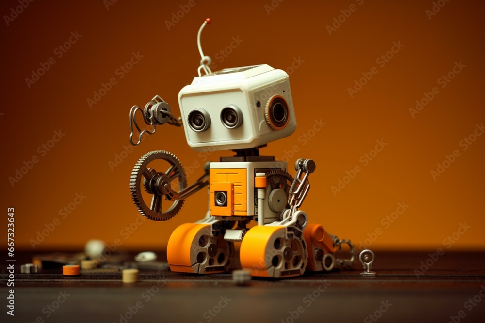 Adorable tiny automaton, micromachine, in orange, yellow, and white hues, solitary mechanical helper. Generative AI