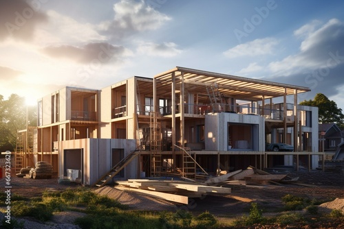 Development of modern home underway on the housing construction site. Generative AI © Danilo