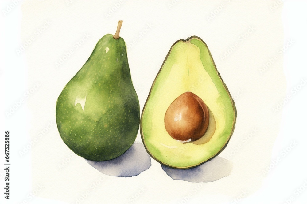 Two avocado love painting on white background. Generative AI