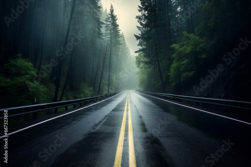 wet road, cloudy asphalt, empty highway, foggy forest, dramatic lightning, panorama. Generative AI