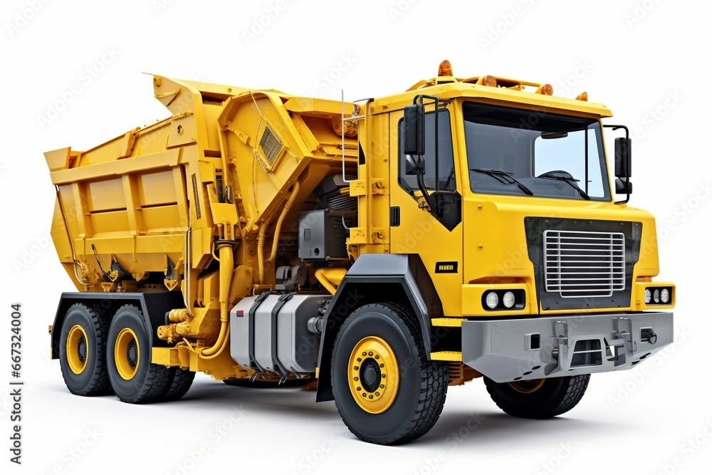 3D rendering of a waste handler heavy machinery on white background. Generative AI
