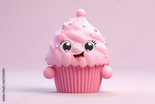 adorable cupcake character with pink frosting and cute decorations. Generative AI