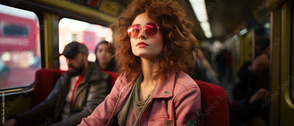 Young woman in glasses on metro seat Young woman in glasses on metro seat