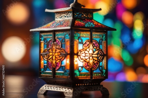 An ornamental Arabic lantern with colorful light glowing in the street in the evening.