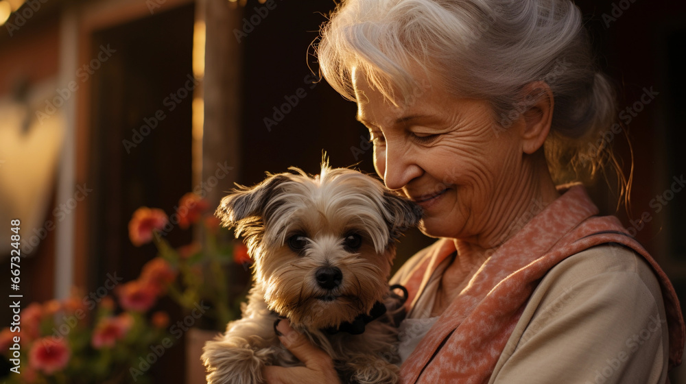 elderly lady gently holding and hugging her dog with affection Unconditional love elderly lady gently holding and hugging her dog with affection Unconditional love