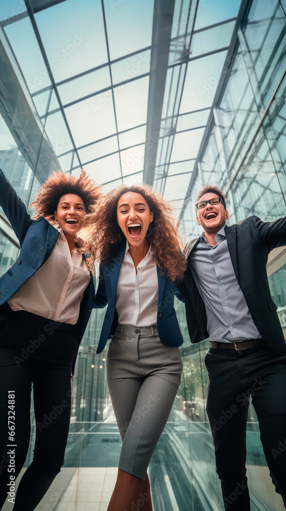 young group of coworkers in the office, happy and celebrating opportunities for professional success vertical