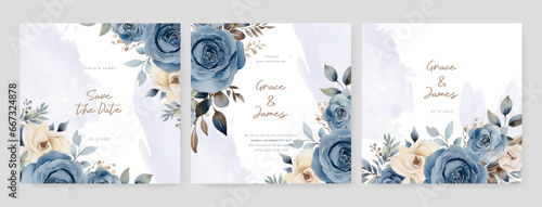 Blue and white rose artistic wedding invitation card template set with flower decorations