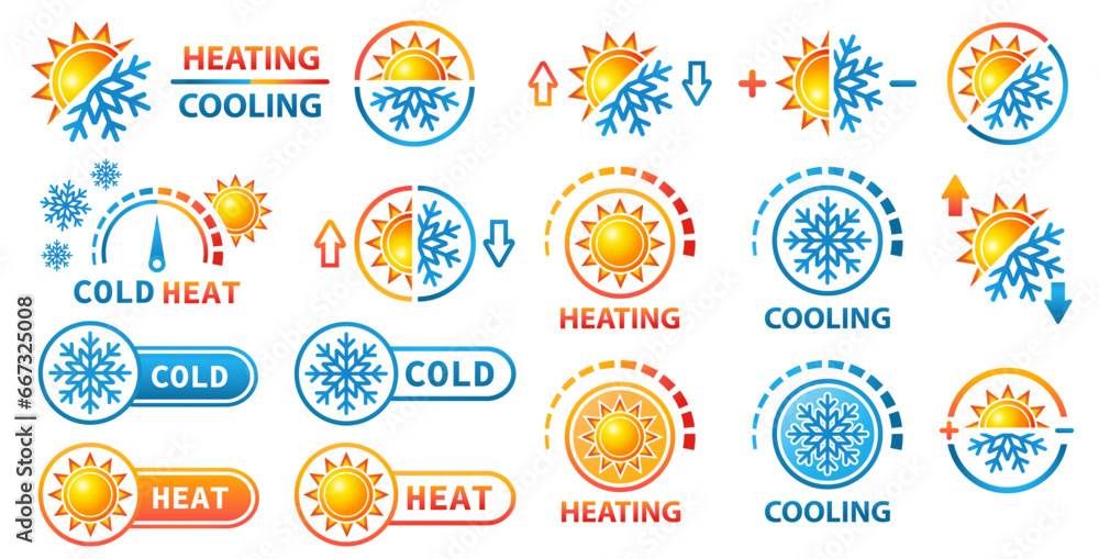 Hot and cold, heating, cooling temperature regulation, sun and snowflake climate control button icon set. Snow winter, summer weather. Warm, freeze sensor. Cooler, heater, thermostat equipment. Vector - obrazy, fototapety, plakaty 