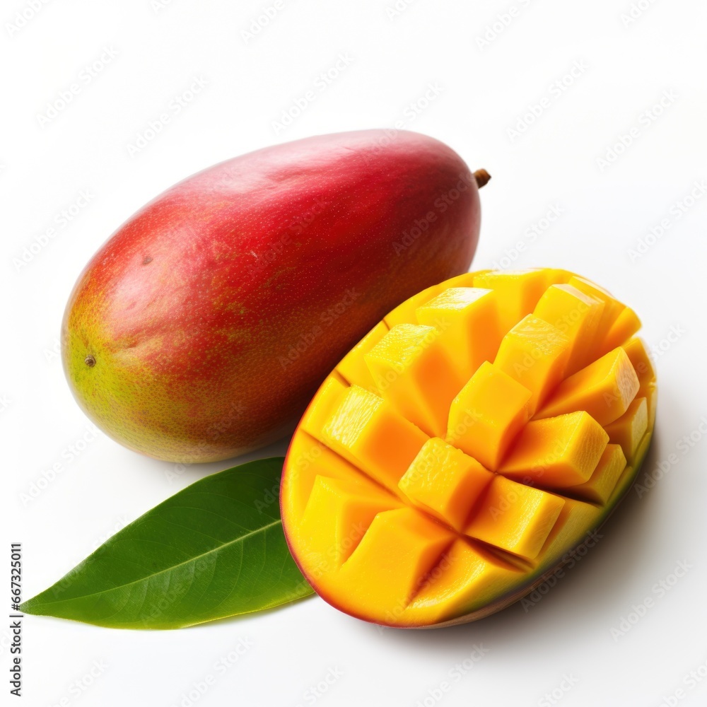 A mango and a cut in half on a white surface. Photorealistic, on white background