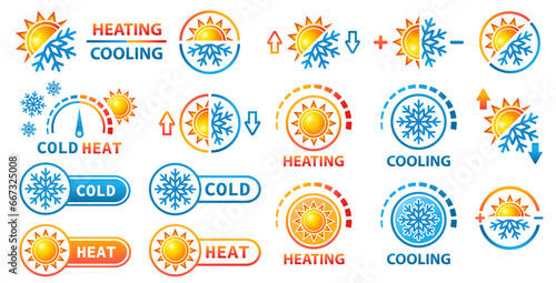 Hot and cold, heating, cooling temperature regulation, sun and snowflake climate control button icon set. Snow winter, summer weather. Warm, freeze sensor. Cooler, heater, thermostat equipment. Vector