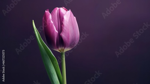 Purple tulip on purple background with copy space for text.. Tulips. Mother's day concept with a space for a text. Valentine day concept with a copy space.