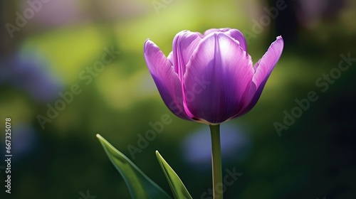 Purple tulip on a background of green grass in the park. Tulips. Mother s day concept with a space for a text. Valentine day concept with a copy space.