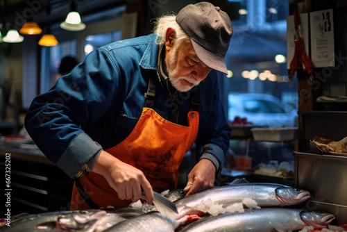 A man in an orange apron cuts up a fish. Fish market worker.