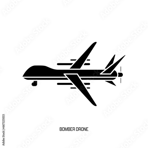 Bomber drone or surveillance drone in black fill icon. Unmanned combat aerial vehicle (UCAV). Military combat drone vector illustration in trendy style. Editable graphic resources for many purposes.