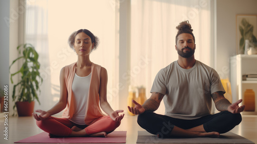 Calm and Healthy Multiethnic Family Couple Meditating, Finding Serenity and Peace of Mind at Home, yoga