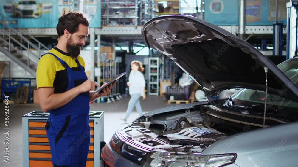 Portrait of licensed technician in auto repair shop doing car routine checkup using tablet, looking for damages. Certified mechanic in garage checking to see if vehicle components need to be changed