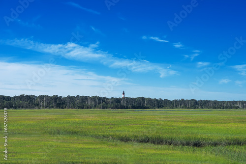 Landscape with red and white historic lighthouse and swamp on the shore of the Atlantic Ocean on Assateague Island. photo