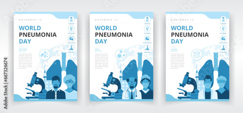World pneumonia day poster, flyer, report, infographic, magazine or book cover templates for raising awareness of bacterial, viral and fungal pneumonia, prevention methods and treatments