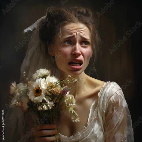 portrait of a person with a bouquet of flowers - An ugly crying bride shot from 3/ 4 profile, holding a beautiful bouquet. She has an asymetric face, droopy eyes, very dry hair and a crooked nose