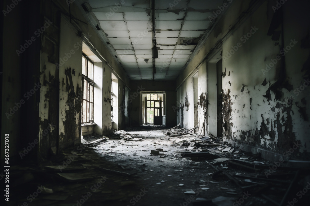 Dark creepy ruined room in abandoned building.