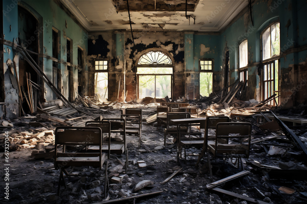 Dark creepy ruined gymnasium in abandoned school.
