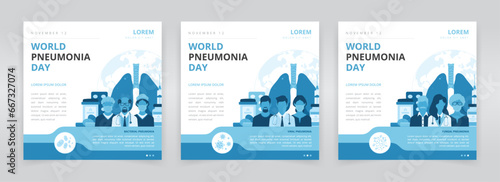 World pneumonia day social media post template set for raising awareness of bacterial, viral and fungal pneumonia, prevention methods and treatments