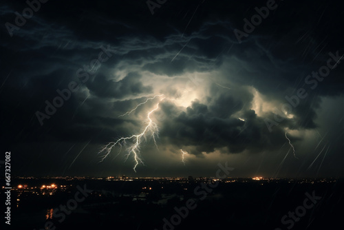 Lightning thunderstorm flash over the night sky. bad weather, cataclysms (hurricane, Typhoon, tornado, storm)