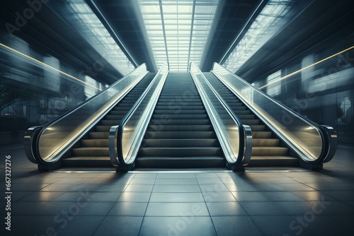 Moving staircase in a train station with blurry images and descending stairs. Generative AI