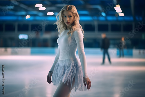 Little girl figure skating at sports arena photo