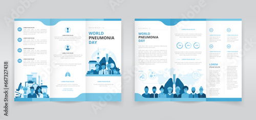 World pneumonia day trifold brochure, pamphlet or triptych leaflet template for raising awareness of bacterial, viral and fungal pneumonia, prevention methods and treatments