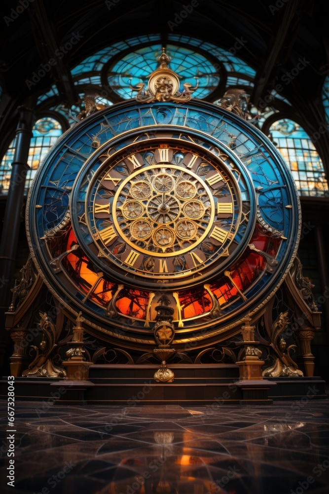 A large clock in front of a stained glass window. AI image. Imaginary astrological clock.