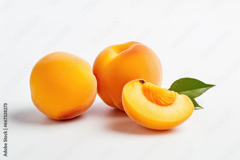 A couple of peaches sitting next to each other. Photorealistic, on white background A couple of peaches sitting next to each other. Photorealistic, on white background
