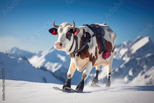 Lustige Kuh beim Skifahren in den Bergen photo